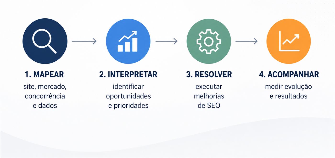 Diagrama do Método MIRA da LC Agência Digital: Mapear, Interpretar, Resolver e Acompanhar