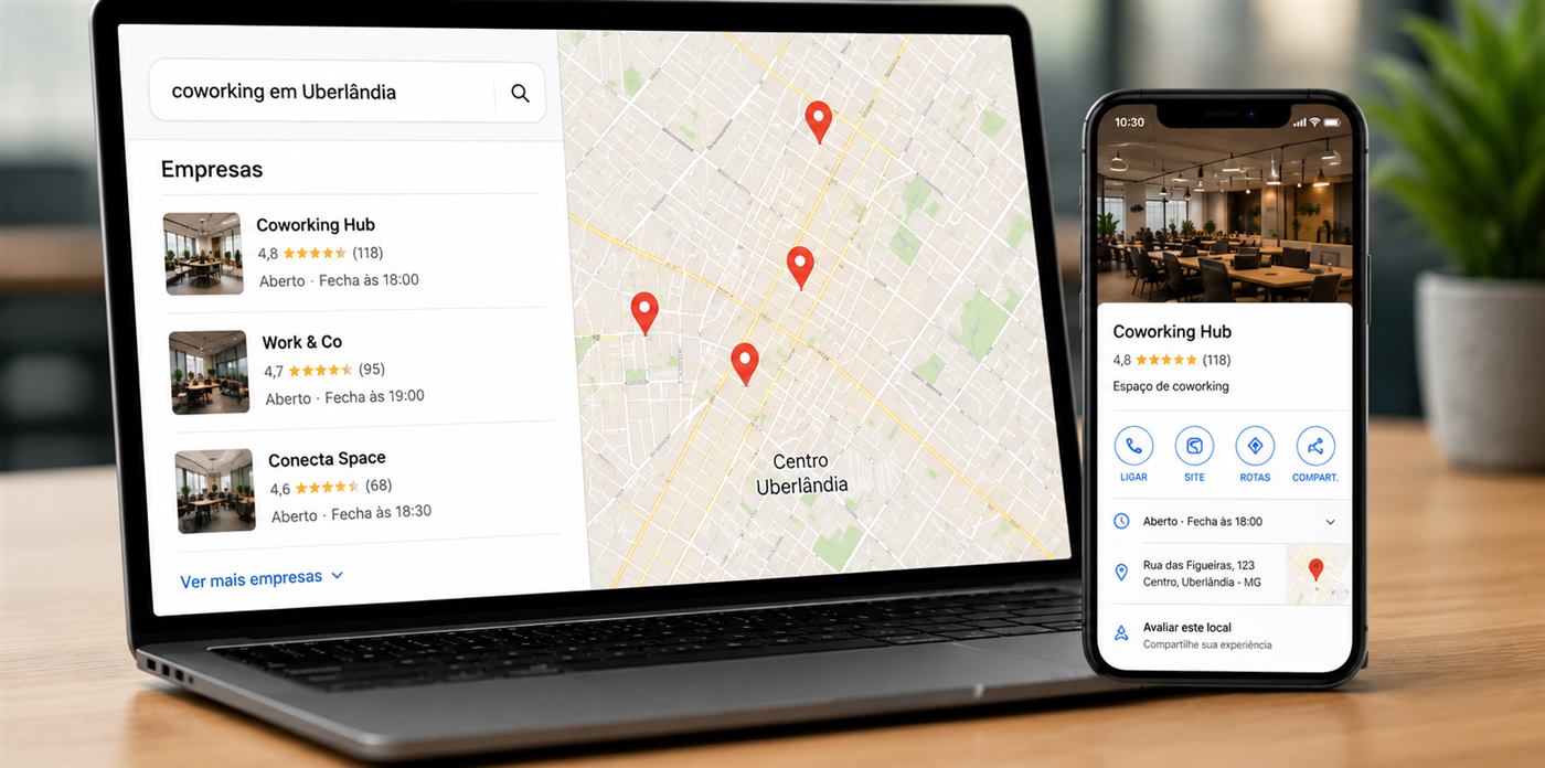 Exemplo ilustrativo de como um coworking pode aparecer na busca local do Google, no Maps e no Perfil da Empresa, em desktop e no celular