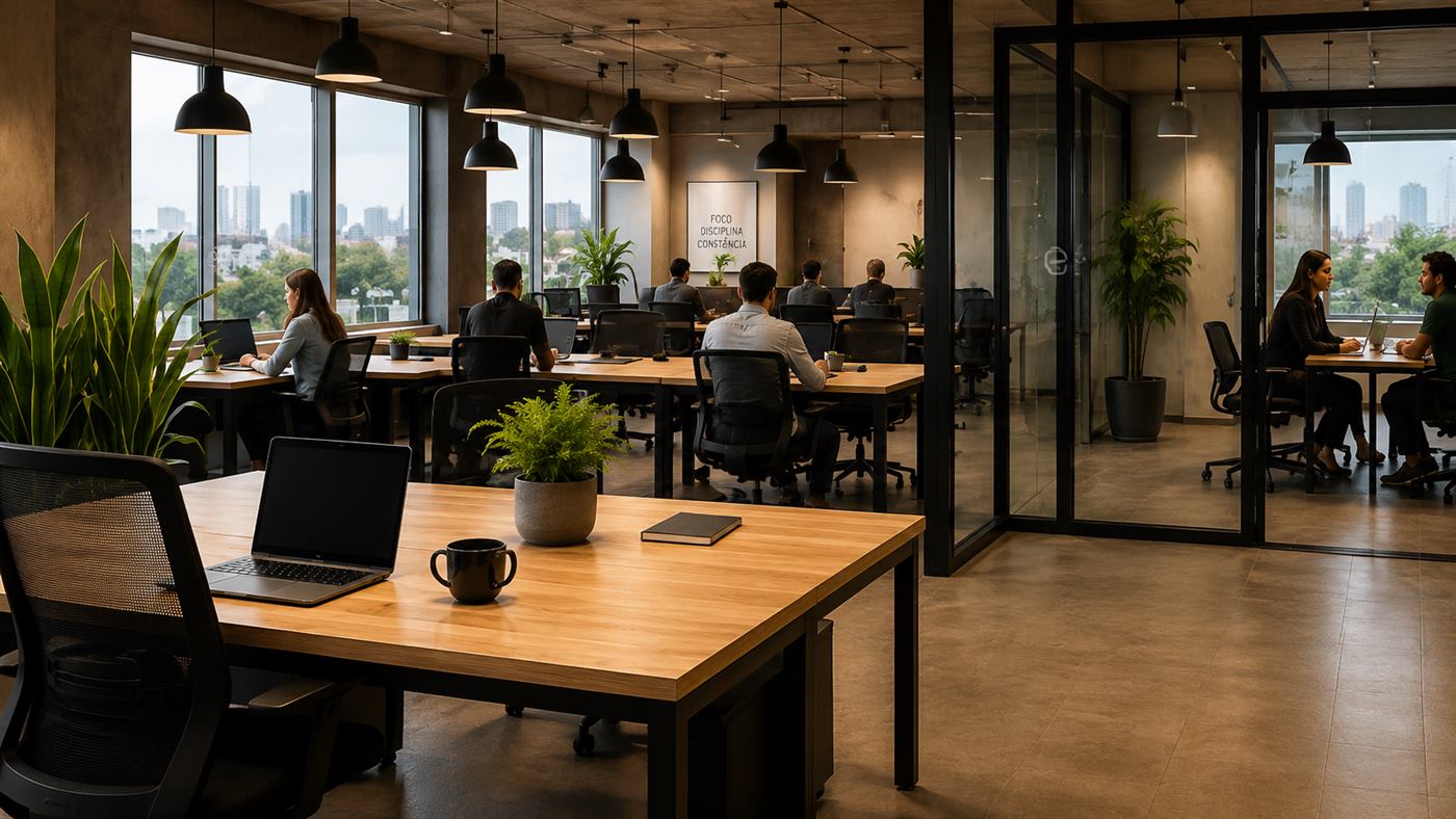 Ambiente de coworking com pessoas trabalhando em mesas compartilhadas e salas privativas envidraçadas ao fundo